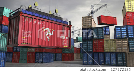 Cargo container with flag of Isle of Man lifted by crane at freight terminal - 3D illustration 127372125
