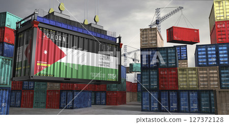 Cargo container with flag of Jordan lifted by crane at freight terminal - 3D illustration Cargo container with flag of Jordan lifted by crane at freight terminal - 3D illustration 127372128
