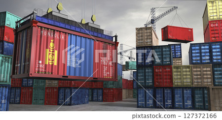 Cargo container with flag of Mongolia lifted by crane at freight terminal - 3D illustration Cargo container with flag of Mongolia lifted by crane at freight terminal - 3D illustration 127372166