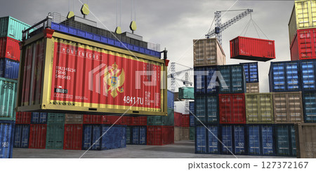 Cargo container with flag of Montenegro lifted by crane at freight terminal - 3D illustration Cargo container with flag of Montenegro lifted by crane at freight terminal - 3D illustration 127372167