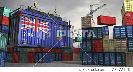 Cargo container with flag of Montserrat lifted by crane at freight terminal - 3D illustration 127372168