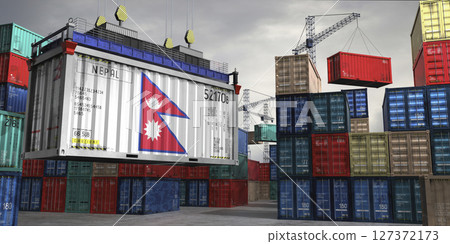 Cargo container with flag of Nepal lifted by crane at freight terminal - 3D illustration 127372173