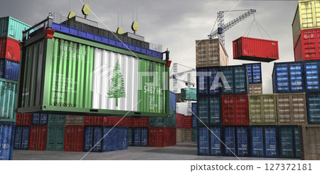Cargo container with flag of Norfolk Island lifted by crane at freight terminal - 3D illustration 127372181