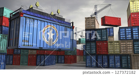 Cargo container with flag of Northern Mariana Islands lifted by crane at freight terminal - 3D illustration Cargo container with flag of Northern Mariana Islands lifted by crane at freight terminal - 3D illustration 127372182