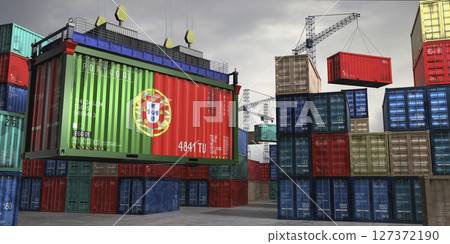 Cargo container with flag of Portugal lifted by crane at freight terminal - 3D illustration Cargo container with flag of Portugal lifted by crane at freight terminal - 3D illustration 127372190