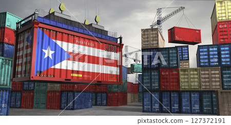 Cargo container with flag of Puerto Rico lifted by crane at freight terminal - 3D illustration Cargo container with flag of Puerto Rico lifted by crane at freight terminal - 3D illustration 127372191