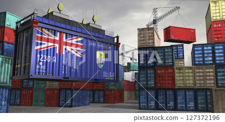 Cargo container with flag of Saint Barthelemy lifted by crane at freight terminal - 3D illustration 127372196