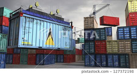Cargo container with flag of Saint Lucia lifted by crane at freight terminal - 3D illustration 127372198