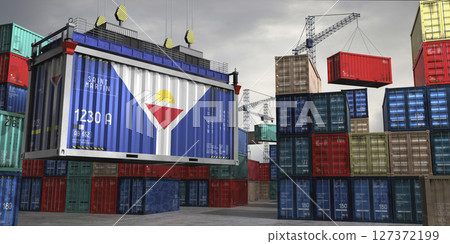 Cargo container with flag of Saint Martin lifted by crane at freight terminal - 3D illustration Cargo container with flag of Saint Martin lifted by crane at freight terminal - 3D illustration 127372199
