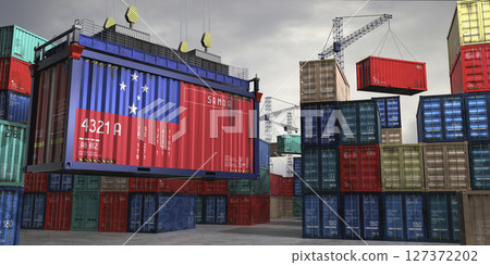 Cargo container with flag of Samoa lifted by crane at freight terminal - 3D illustration 127372202