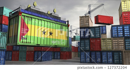 Cargo container with flag of Sao Tome and Principe lifted by crane at freight terminal - 3D illustration Cargo container with flag of Sao Tome and Principe lifted by crane at freight terminal - 3D illustration 127372204