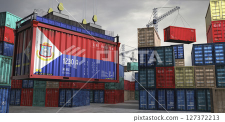 Cargo container with flag of Sint Maarten lifted by crane at freight terminal - 3D illustration 127372213