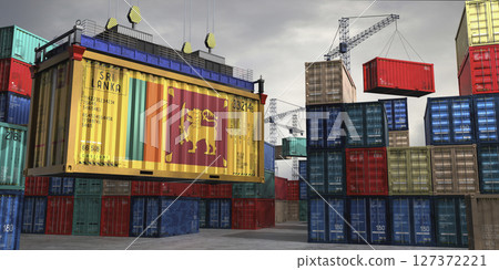 Cargo container with flag of Sri Lanka lifted by crane at freight terminal - 3D illustration 127372221