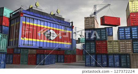 Cargo container with flag of Eswatini lifted by crane at freight terminal - 3D illustration 127372224