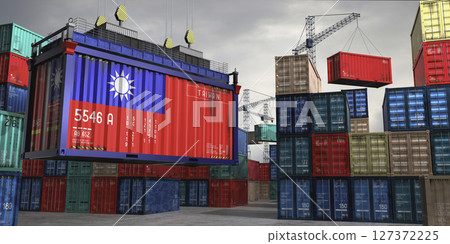 Cargo container with flag of Taiwan lifted by crane at freight terminal - 3D illustration 127372225