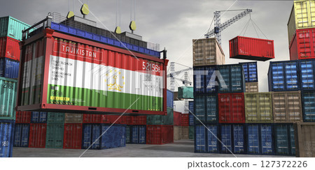 Cargo container with flag of Tajikistan lifted by crane at freight terminal - 3D illustration 127372226