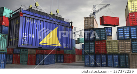 Cargo container with flag of Tokelau lifted by crane at freight terminal - 3D illustration Cargo container with flag of Tokelau lifted by crane at freight terminal - 3D illustration 127372229
