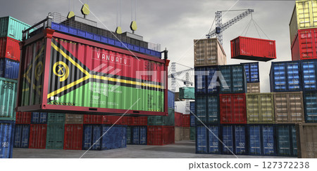 Cargo container with flag of Vanuatu lifted by crane at freight terminal - 3D illustration 127372238