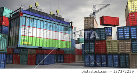 Cargo container with flag of Uzbekistan lifted by crane at freight terminal - 3D illustration 127372239