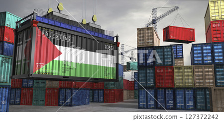 Cargo container with flag of Palestine lifted by crane at freight terminal - 3D illustration 127372242