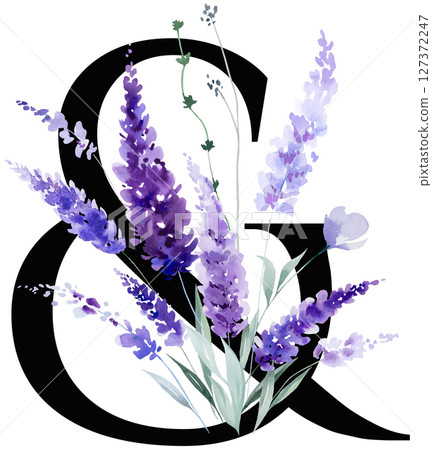 Black symbol ampersand with watercolor purple lavender flowers, summer floral wedding isolated monogram Black symbol ampersand with watercolor purple lavender flowers, summer floral wedding isolated monogram 127372247
