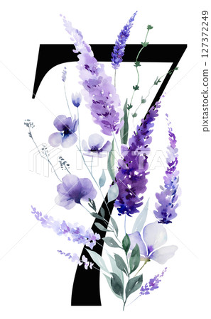 Black number 7 with watercolor purple lavender flowers bouquet, summer floral wedding element 127372249