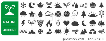 Nature icon symbol set. Fresh environment, weather forecast icons collection. sun, mountain, tree, ecology, plant, cloud, fire. Vector illustration. Isolated on white background. Nature icon symbol set. Fresh environment, weather forecast icons collection. sun, mountain, tree, ecology, plant, cloud, fire. Vector illustration. Isolated on white background. 127372310