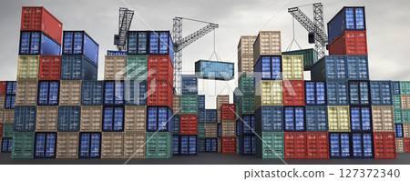 Shipping containers and cranes in cargo terminal - 3D illustration 127372340