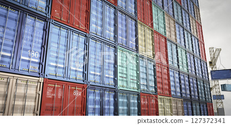 Shipping containers and cranes in cargo terminal - 3D illustration 127372341
