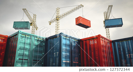 Shipping containers and cranes in cargo terminal - 3D illustration 127372344