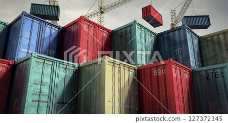 Shipping containers and cranes in cargo terminal - 3D illustration 127372345