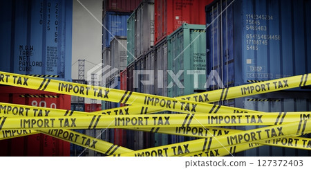 Import tax tapes and cargo containers - 3D illustration 127372403