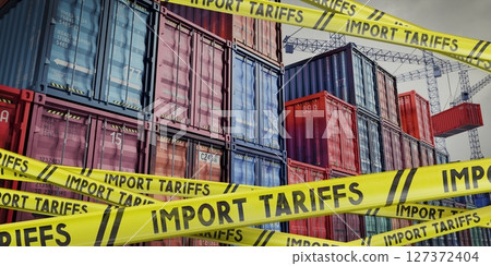 Import tariffs tapes and cargo containers - 3D illustration 127372404