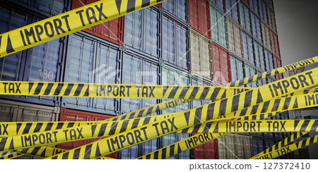 Import tax tapes and cargo containers - 3D illustration 127372410
