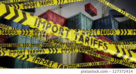 Import tariffs tapes and cargo containers - 3D illustration Import tariffs tapes and cargo containers - 3D illustration 127372414