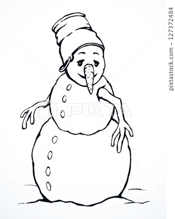 Snowman in snow. Vector drawing. 127372484