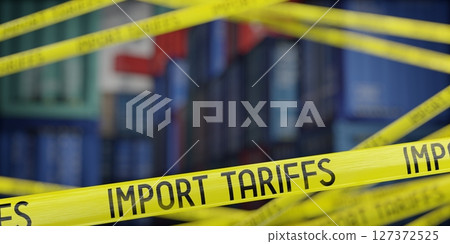 Import tariffs tapes and cargo containers - 3D illustration 127372525