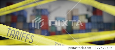Tariffs tapes and cargo containers - 3D illustration Tariffs tapes and cargo containers - 3D illustration 127372526