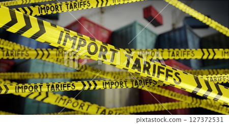Import tariffs tapes and cargo containers - 3D illustration Import tariffs tapes and cargo containers - 3D illustration 127372531