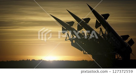 Defense Systems at Sunset - 3D illustration 127372559