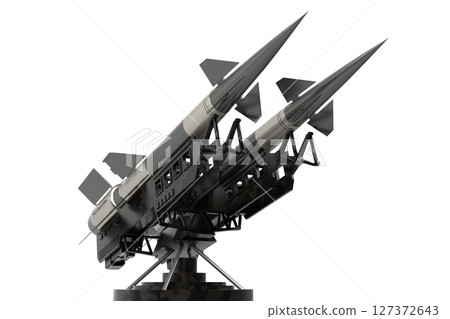 Two missiles on a launcher - 3D illustration 127372643