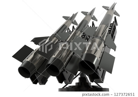 Three missiles on a launcher - 3D illustration 127372651