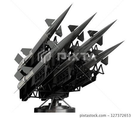 Six missiles on a launcher - 3D illustration 127372653