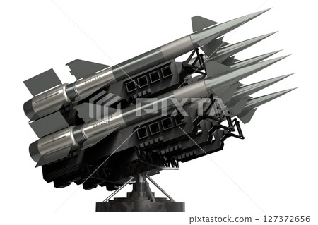 Six missiles on a launcher - 3D illustration 127372656