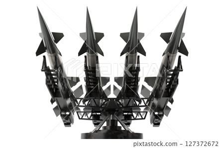 Four missiles on a launcher - 3D illustration 127372672