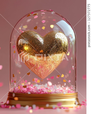 A glittering golden heart encased in a glass dome, surrounded by cascading pink confetti and shimmering glitter on a soft pink background. 127372775