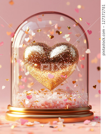 A glittering golden heart encased in a glass dome, surrounded by cascading pink confetti and shimmering glitter on a soft pink background. A glittering golden heart encased in a glass dome, surrounded by cascading pink confetti and shimmering glitter on a soft pink background. 127372781