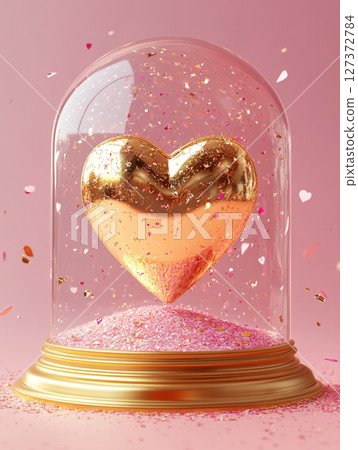 A glittering golden heart encased in a glass dome, surrounded by cascading pink confetti and shimmering glitter on a soft pink background. 127372784