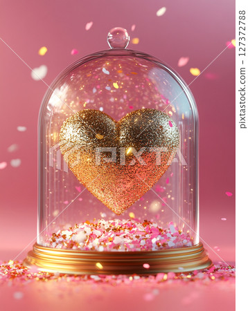 A glittering golden heart encased in a glass dome, surrounded by cascading pink confetti and shimmering glitter on a soft pink background. 127372788