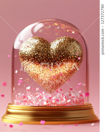 A glittering golden heart encased in a glass dome, surrounded by cascading pink confetti and shimmering glitter on a soft pink background. 127372790